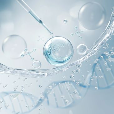 Micropipette injecting into a cell with DNA strands in the background.