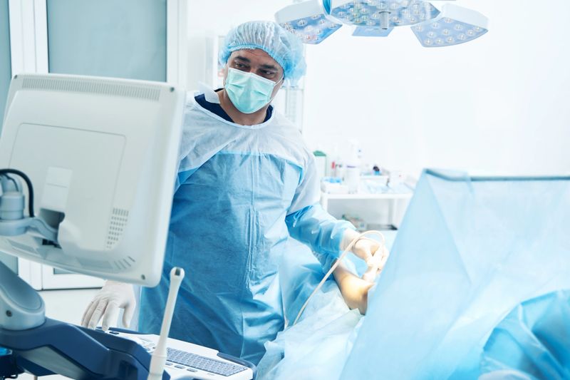 Medical worker wearing protective suit looking at the video monitor while performing ultrasound diagnostic