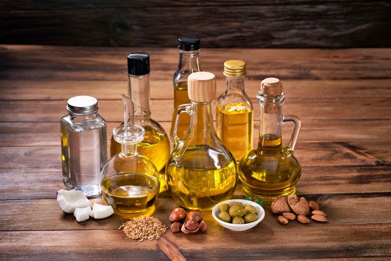 Assorted healthy vegetable oil bottle collection on wooden table in a old fashioned kitchen with low key illumination: Olive oil, hazelnut oil, almond oil, coconut oil and sesame oil