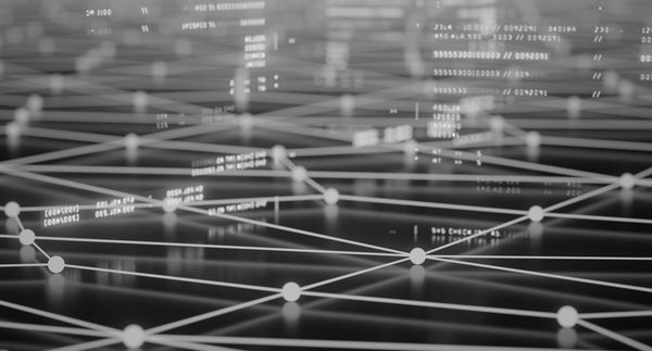 Abstract digital network with interconnected nodes and data streams in blue tones.