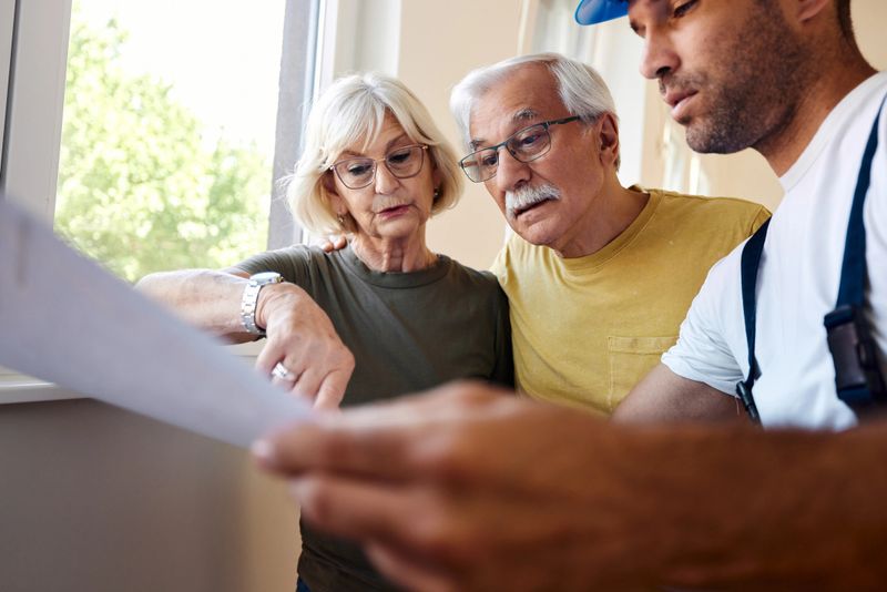 Senior couple analyzing housing plans with manual worker in the apartment.