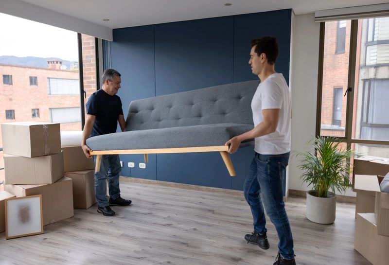 Professional movers carrying a couch at an apartment - moving house concepts