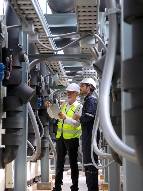 Two engineers inspecting industrial piping.