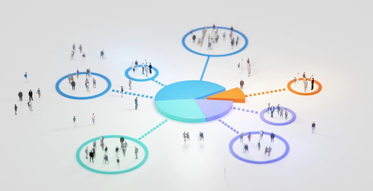 People grouped in circles connected to a colorful pie chart on a white background.