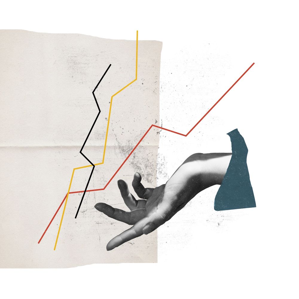 Abstract art of an outstretched hand with colorful zigzag lines.