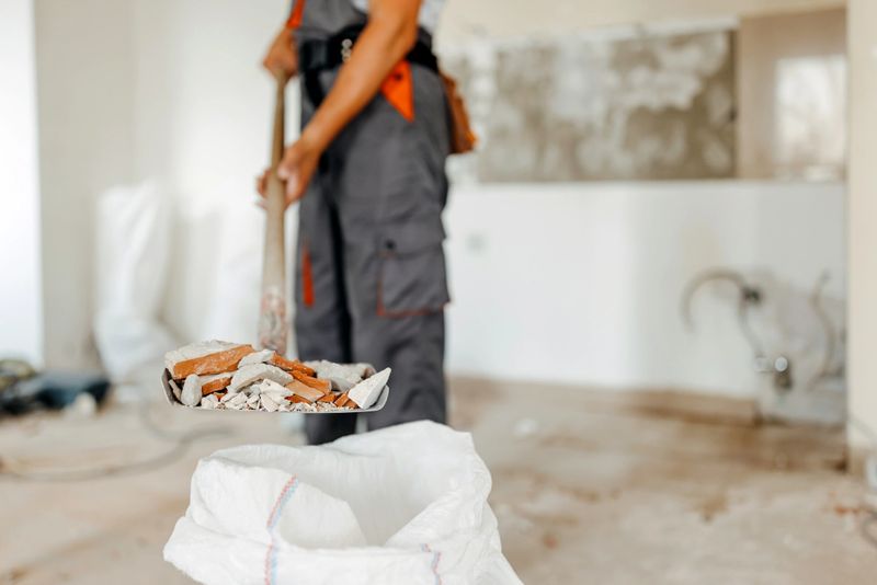 A close up of a young Caucasian man holding a shovel filled with construction residue.