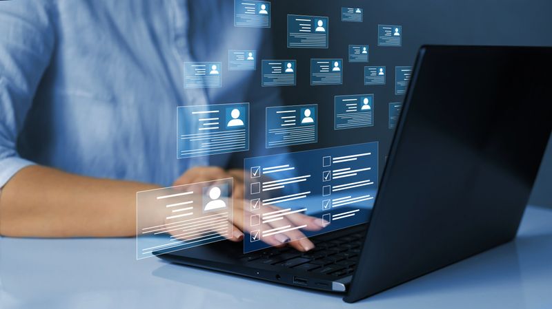 Employees must complete the online survey form, answer the test questions. Marked checklist on a clipboard. Human resources and management concept