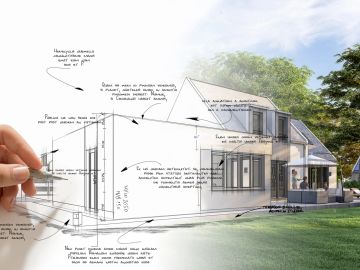 Conceptual house design merging sketch and real image.