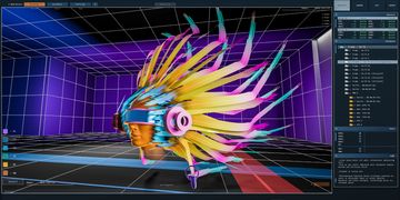 Futuristic 3D head model with colorful feather-like extensions displayed in a digital monitoring interface.