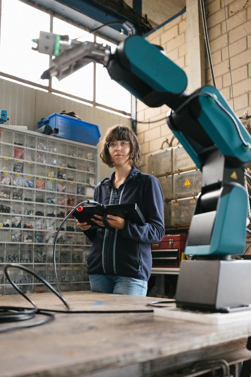 female technician programs a robot arm with a digital tablet