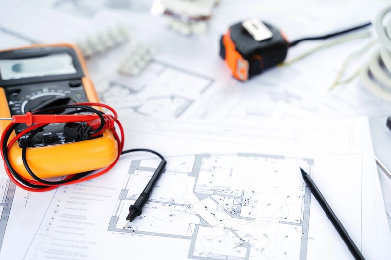 Making repairs,planning electricity project in house.Drawings,diagrams,plan for electrification of apartment, building. Devices and accessories, voltmeter, wires, screwdriver, pliers and tape measure.