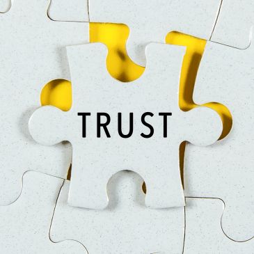 White puzzle piece with the word 'TRUST' on a yellow background.
