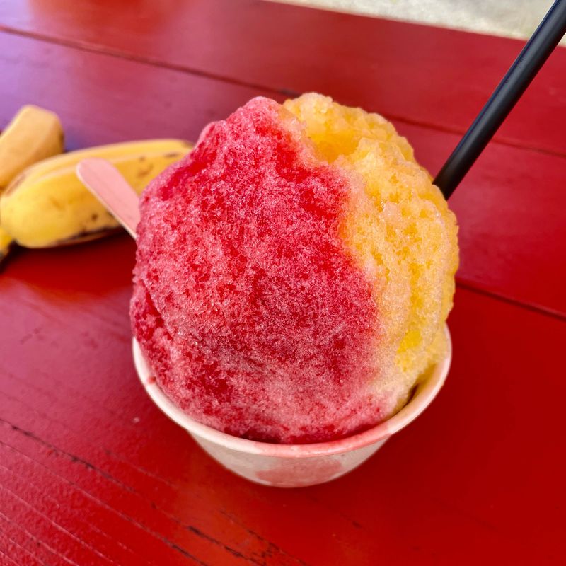 Refreshing Pineapple Strawberry Shave Ice from a country-side stand on Hawaii Island
