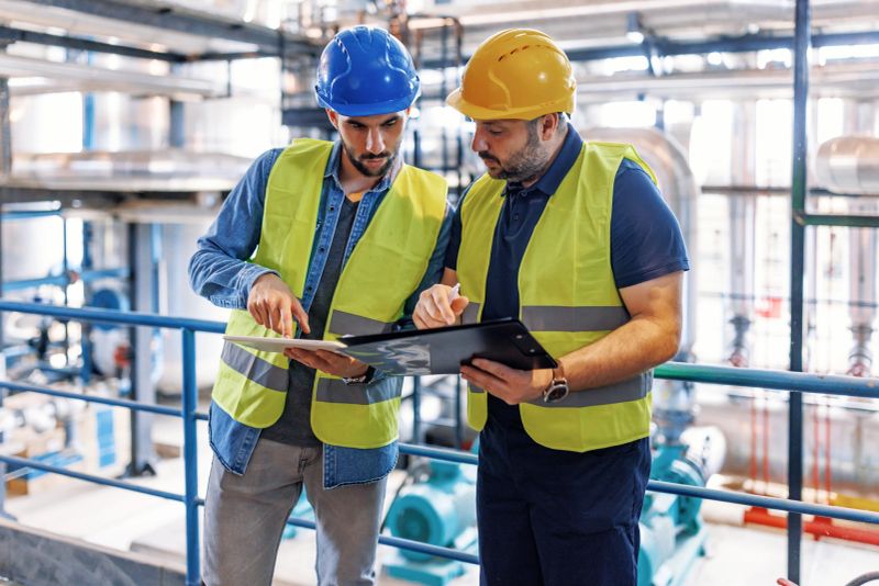 Two Caucasian engineers wearing reflective vests are talking and comparing data in a heating plant.