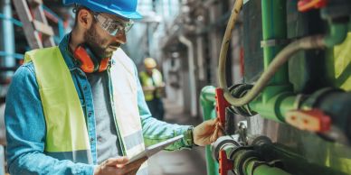 Construction worker inspecting pipes on site.