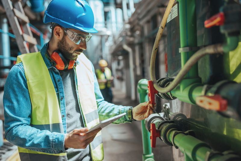A young Caucasian male engineer is examining the pipe system and checking the data on his tablet.