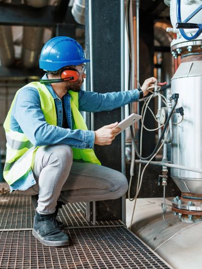 Technician inspecting industrial equipment with tablet in hand.