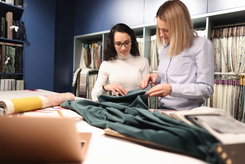 Consultant with customer is choosing fabrics in store. Sale of fabrics concept