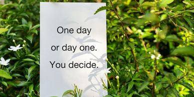 Inspirational sign in greenery reading, 'One day or day one. You decide.'