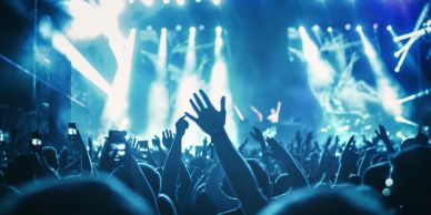 Crowd enjoying a live concert with raised hands and bright lights.