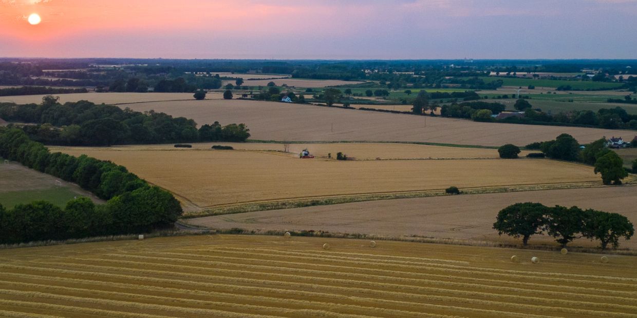 Sunset over golden farmland with hay bales and trees.