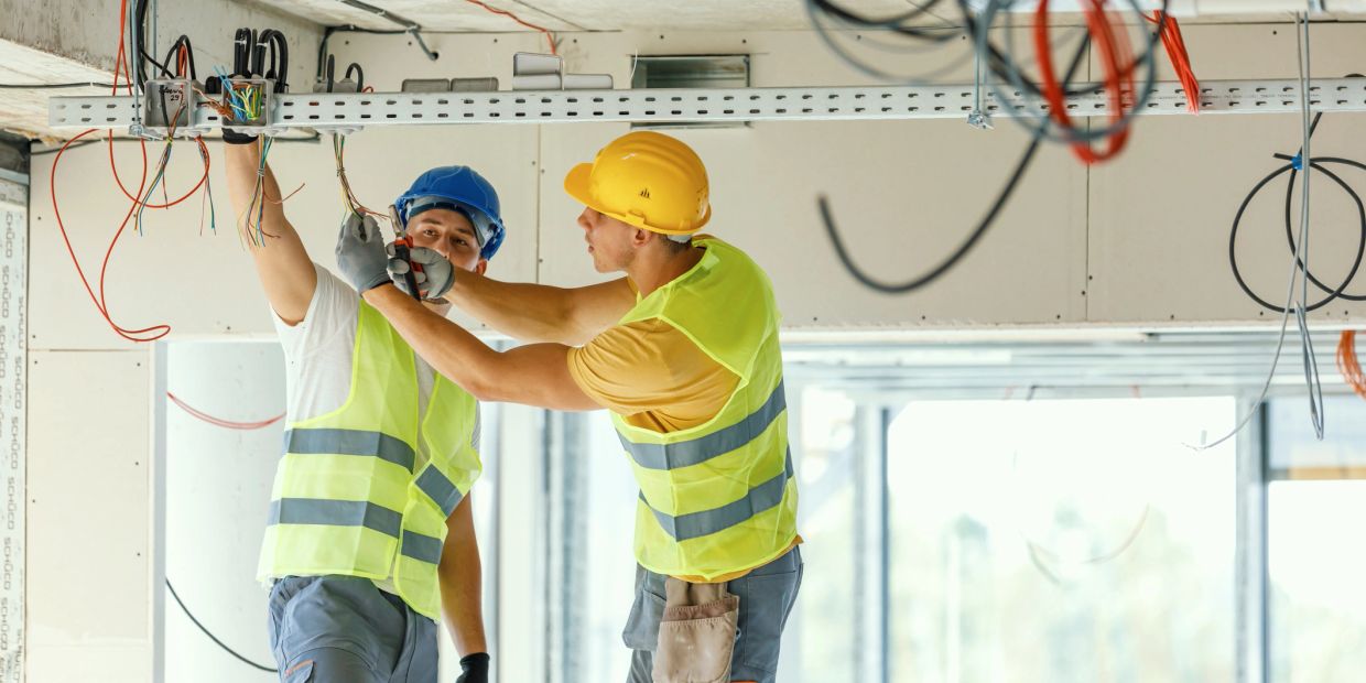 Two electricians working on wiring in a building.