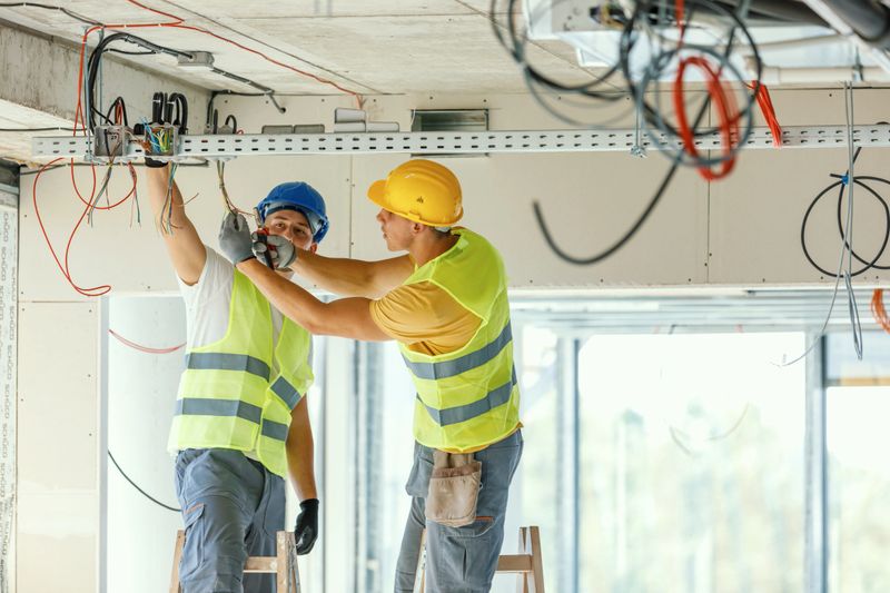 Two young Caucasian male construction workers are handling the electrical cables while standing on ladders.