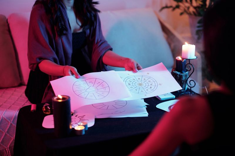 Astrologer showing natal charts she created to shed light on clients personality and path in life