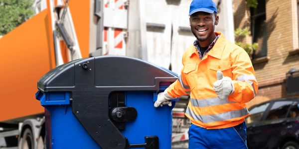A friendly smiling black male giving a thumbs up hand gesture while collecting trash.