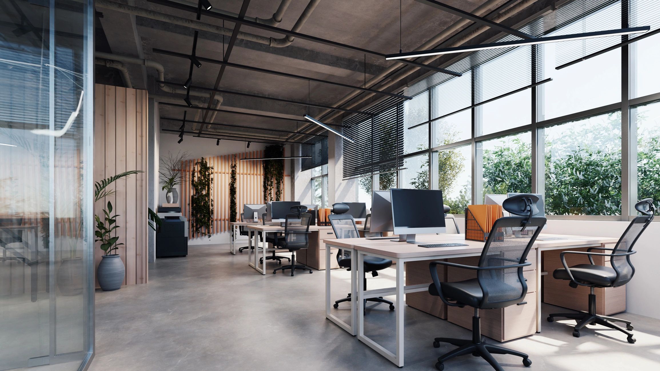 Modern open-plan office with large windows and plants.