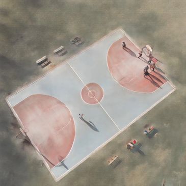 Aerial view of a basketball court with players and benches casting shadows.