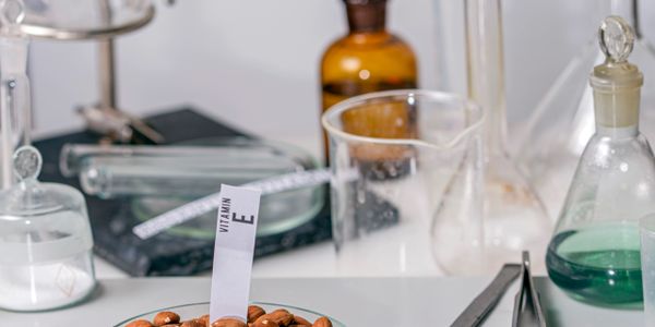 A lab setup with Vitamin E capsules and various glassware.