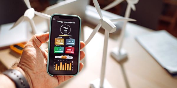 Hand holding phone showing dashboard from an app that shows  energy consumption