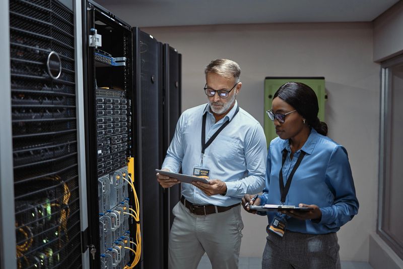 IT technicians holding clipboards in a server room preparing to repair hardware. Male and female computer engineers consulting on upgrading software for online security in a data information center