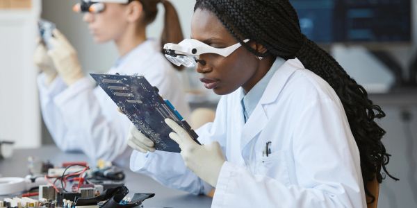 Scientist examines circuit board with magnifying glasses.