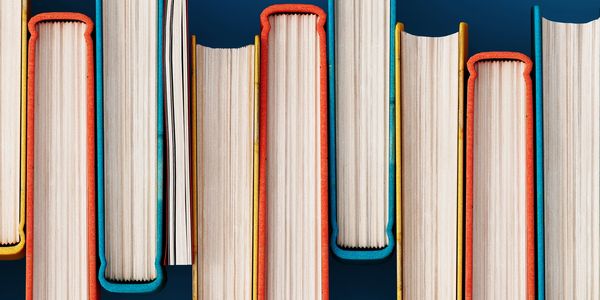 A row of books viewed from the top, showing pages and colorful covers.