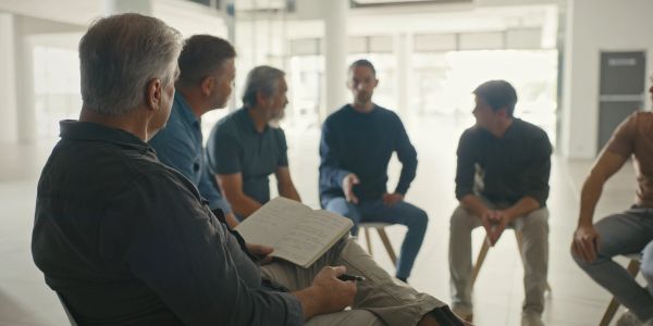 Group therapy session with men seated in a circle.