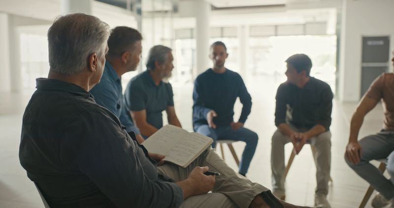 Professional psychologist taking notes in a group therapy session in an office. Diverse men with mental health issues talk about their feelings and emotions while supporting one another in recovery