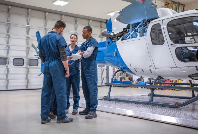 Group of male and female mechanics discussing near helicopter in hanger.