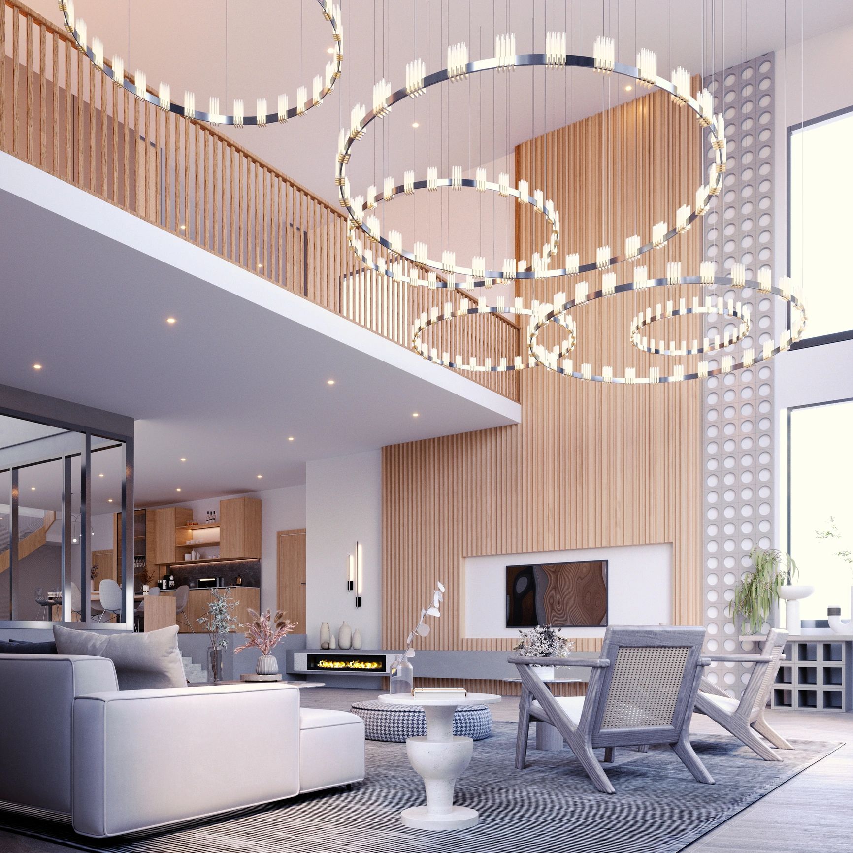 Modern living room with circular chandeliers and wooden accents.