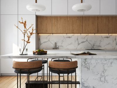 Marble countertop with bar stools.