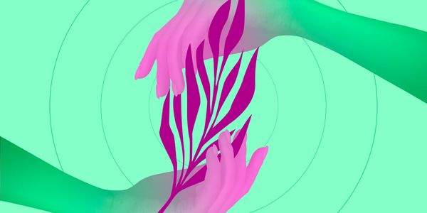 Man with women hands with Pink leaf