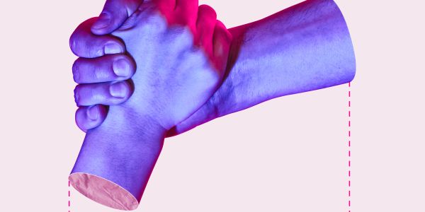 Two hands clasped together in a surreal digital art style.