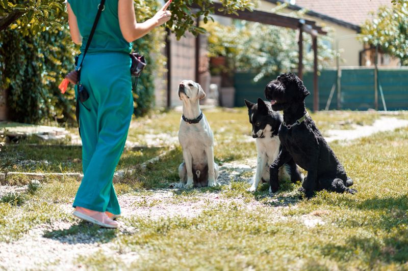 A group of dogs listens to the commands of the unrecognizable dog trainer.