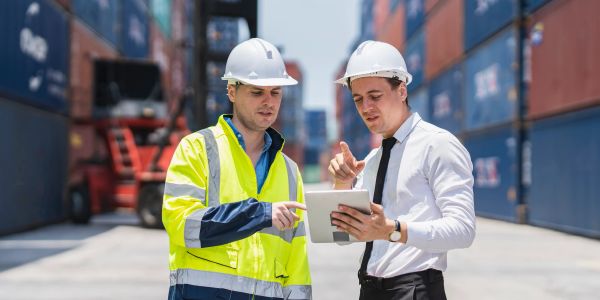 Two workers with hard hats checking a tablet at a shipping yard.