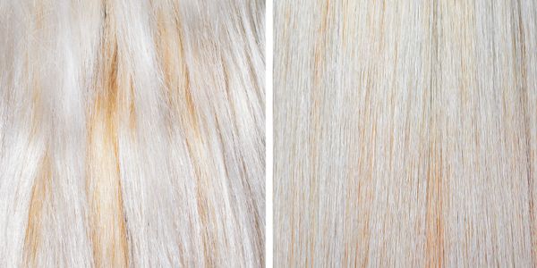 Side-by-side comparison of tangled and smooth blonde hair with light orange highlights.