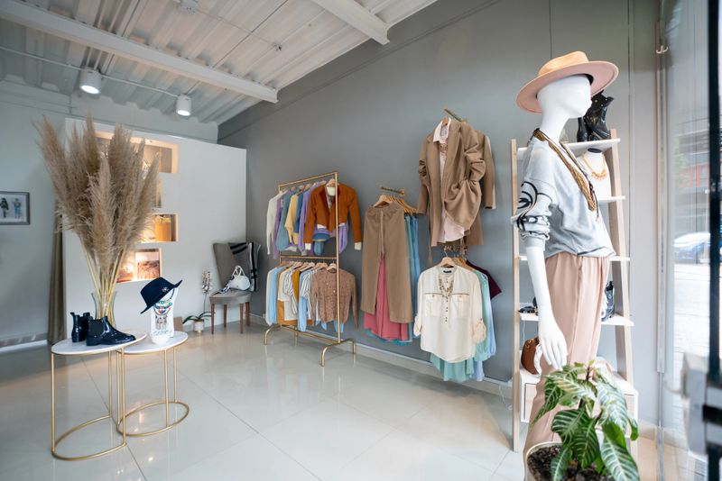 A stylish outfit displayed on a mannequin in a chic boutique setting.