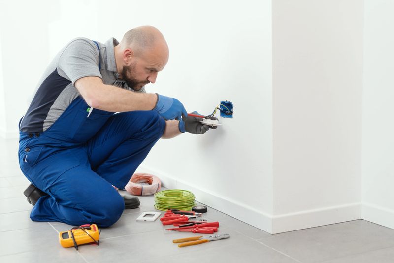 Professional electrician working on a home electrical system, he is installing a wall socket