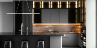 Modern kitchen with black and wooden accents.
