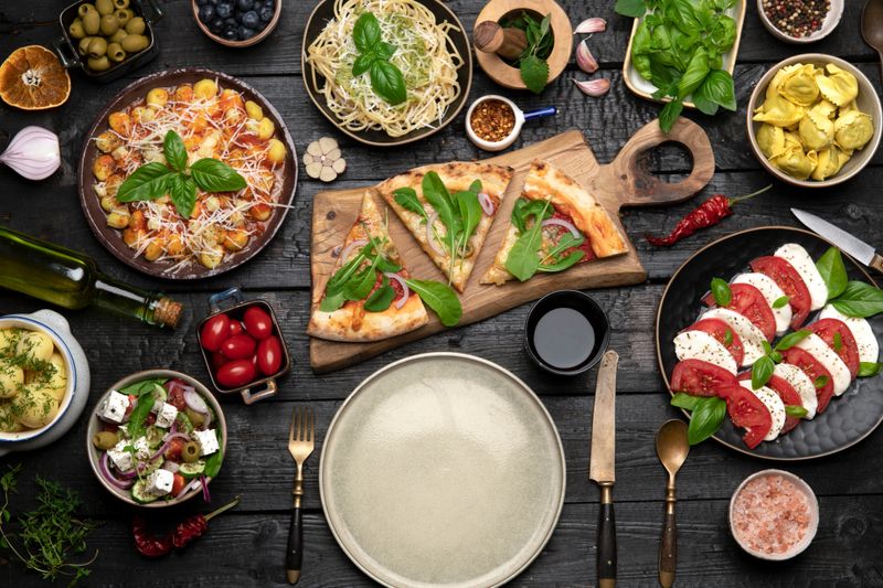 Top view table, full of food